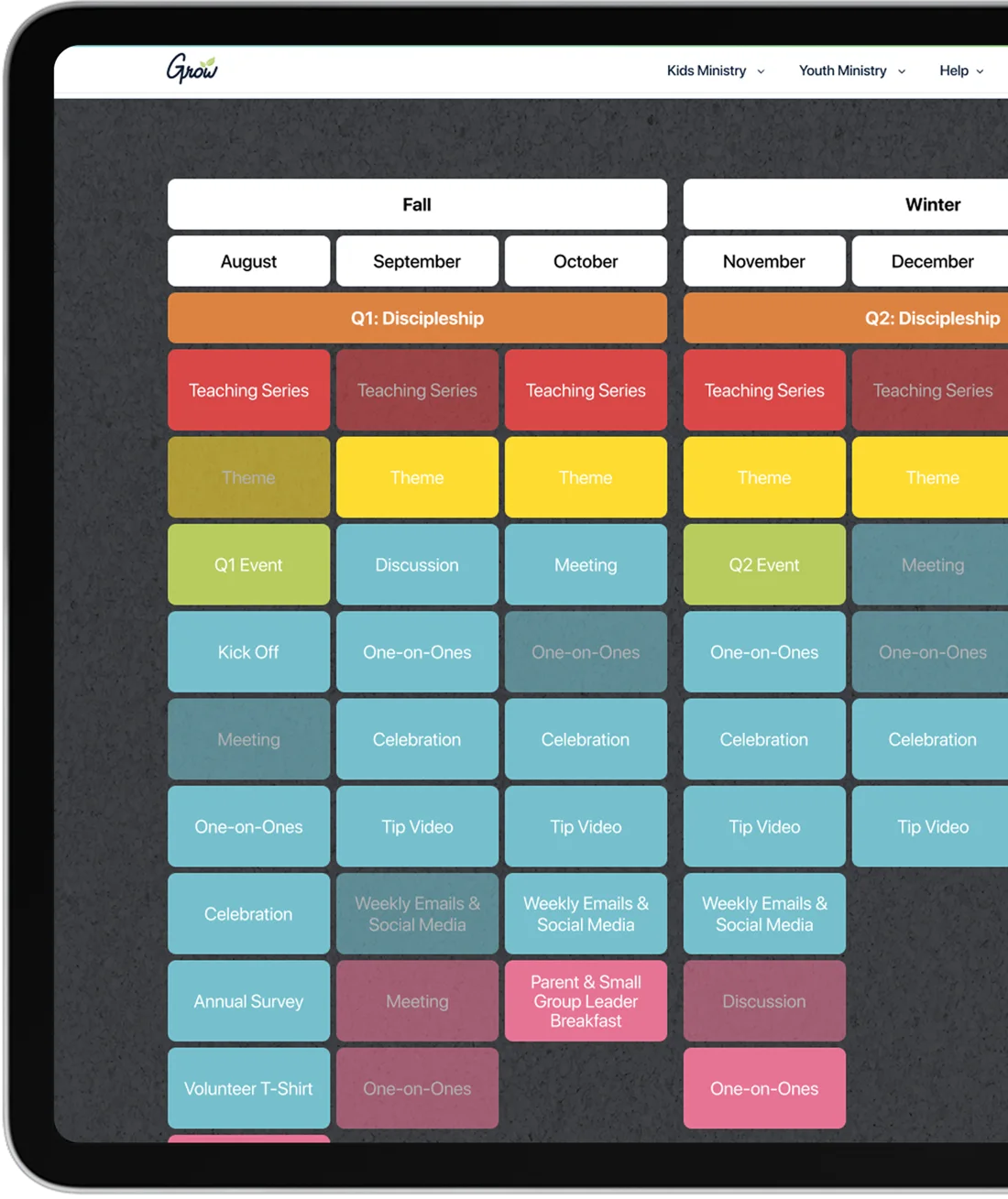 Grow's Planning View: a color-coded board showing teaching series, themes, events, volunteer meetings, and parent touchpoints across August to December.